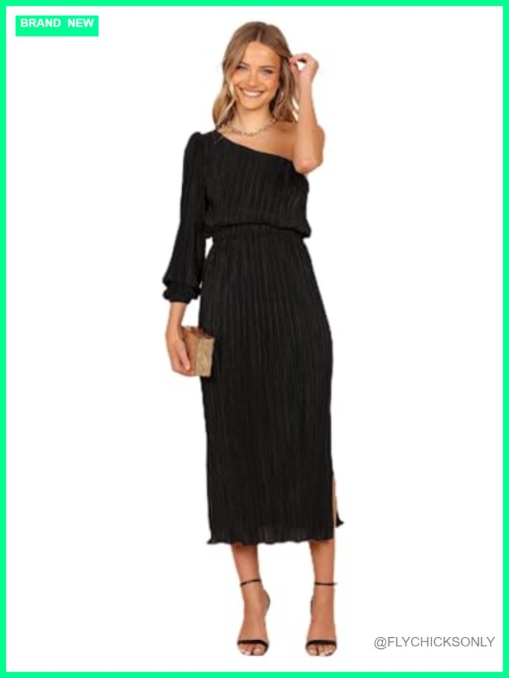 One Shoulder Pleated Midi Dress Long Sleeve Asymmetric Cocktail Party